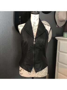 Vintage 80s 90s Leather Front Zip Vest Halter Top Biker Moto Goth Grunge Clubbin